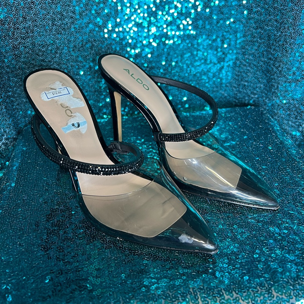 Aldo Black see through and stone pump.